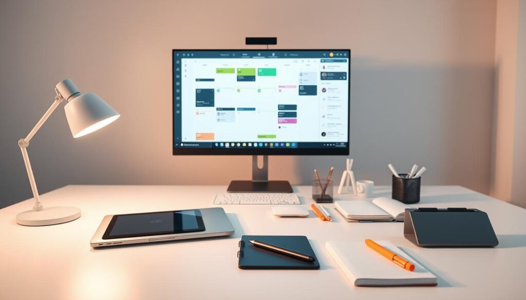 A well-organized digital study space with a modern minimalist aesthetic. In the foreground, a sleek laptop, a tablet, and a stylus rest on a clean, minimalist desk. Diffused, soft lighting illuminates a neatly arranged set of notebooks, highlighters, and a minimalist desk organizer. In the middle ground, a large, high-resolution monitor displays a digital calendar, task manager, and note-taking app. The background features a simple, neutral-toned wall, creating a calm and focused atmosphere. The entire scene is captured with a wide-angle lens, emphasizing the purposeful layout and creating a sense of balance and efficiency.