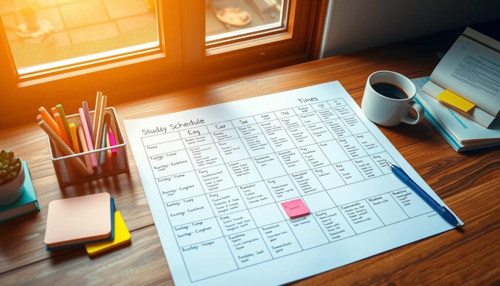 A well-organized study schedule on a wooden desk, illuminated by warm, natural light from a large window. The schedule is meticulously designed, with detailed time slots for various subjects, breaks, and study activities. Vibrant sticky notes, a desk organizer, and a cup of coffee add a touch of productivity and focus. The scene conveys a sense of purposeful and efficient time management, creating an environment conducive to productive study sessions.