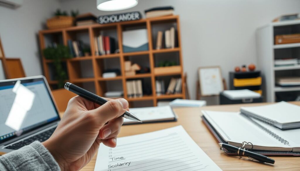 A well-organized workspace with a desk, laptop, and planner. Overhead lighting casts a focused, productivity-enhancing glow. In the foreground, a hand holding a pen hovers over a to-do list, conveying a sense of diligent time management. The middle ground features a desk calendar with important deadlines highlighted, while the background showcases shelves of organized reference materials. The overall atmosphere is one of calm control and efficient preparation, reflecting the strategies needed to excel in scholarship applications. A well-organized workspace with a desk, laptop, and planner. Overhead lighting casts a focused, productivity-enhancing glow. In the foreground, a hand holding a pen hovers over a to-do list, conveying a sense of diligent time management. The middle ground features a desk calendar with important deadlines highlighted, while the background showcases shelves of organized reference materials. The overall atmosphere is one of calm control and efficient preparation, reflecting the strategies needed to excel in scholarship applications.
