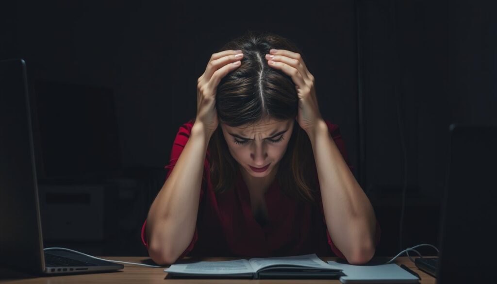 A woman sitting at her desk, hands on her head, expression of distress and tension. Dim lighting casts shadows, creating an atmosphere of mental strain. In the background, a tangle of wires and electronic devices symbolize the constant connectivity and demands of modern life. The scene conveys the overwhelming pressure and emotional burden of stress and its impact on mental health. The composition emphasizes the isolation and overwhelming nature of the subject's inner turmoil. Muted colors and a sense of claustrophobia enhance the sense of anxiety and unease.