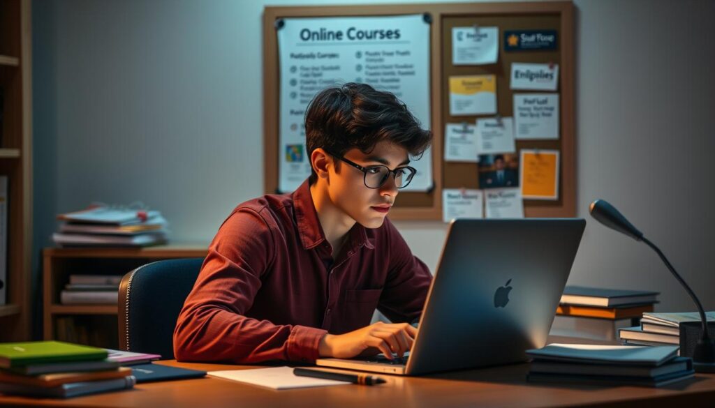 A young adult sitting at a desk, intently studying a laptop screen, surrounded by books, folders, and stationery. The desk is illuminated by a warm, ambient light, creating a focused and contemplative atmosphere. In the background, a bulletin board with notes, reminders, and online course logos, suggesting the process of carefully selecting the right educational path. The overall scene conveys the thoughtful decision-making involved in choosing the most suitable free online course to pursue personal growth and career goals. A young adult sitting at a desk, intently studying a laptop screen, surrounded by books, folders, and stationery. The desk is illuminated by a warm, ambient light, creating a focused and contemplative atmosphere. In the background, a bulletin board with notes, reminders, and online course logos, suggesting the process of carefully selecting the right educational path. The overall scene conveys the thoughtful decision-making involved in choosing the most suitable free online course to pursue personal growth and career goals.