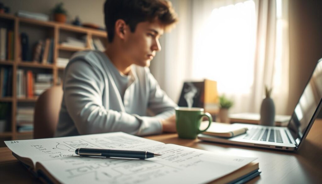 A young person sitting at a desk, carefully assessing their interests and skills. The scene is well-lit, with soft natural light filtering in through a nearby window. In the foreground, a pen and notebook lie open, filled with scribbles and notes. The person's face is in profile, their brow furrowed in deep contemplation. In the middle ground, various objects are arranged - books, a laptop, and a mug of hot tea or coffee. The background is slightly blurred, but suggests a cozy, comfortable workspace, perhaps with a bookshelf or plants in the periphery. The overall mood is one of focused introspection and self-discovery, as the person tries to understand their strengths, passions, and potential career paths.