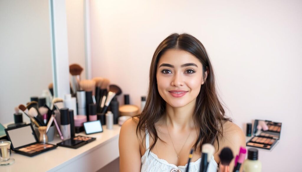 A young woman sits at a vanity, surrounded by an array of makeup brushes, palettes, and products. The lighting is soft and diffused, creating a warm, welcoming atmosphere. Her face is bare, with a natural, glowing complexion, hinting at the transformative journey ahead. In the background, a soothing pastel-colored wall provides a subtle backdrop, emphasizing the focus on the beginner's exploration of makeup. The scene exudes a sense of curiosity, excitement, and the anticipation of unlocking the power of cosmetics to enhance one's natural beauty. A young woman sits at a vanity, surrounded by an array of makeup brushes, palettes, and products. The lighting is soft and diffused, creating a warm, welcoming atmosphere. Her face is bare, with a natural, glowing complexion, hinting at the transformative journey ahead. In the background, a soothing pastel-colored wall provides a subtle backdrop, emphasizing the focus on the beginner's exploration of makeup. The scene exudes a sense of curiosity, excitement, and the anticipation of unlocking the power of cosmetics to enhance one's natural beauty.