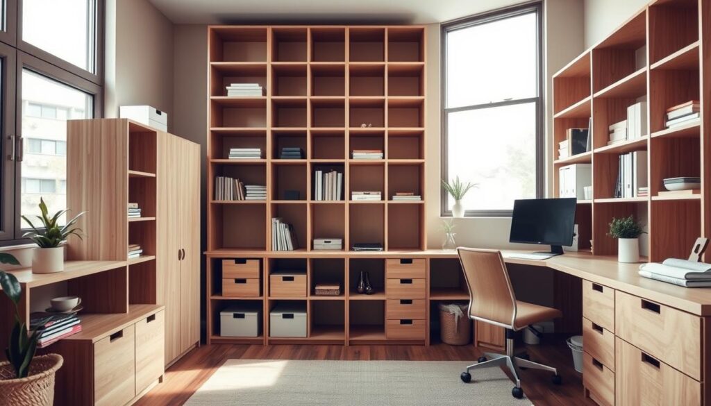 An organized home office with minimalist wooden shelves, cubbies, and drawers in a warm, natural-lit setting. Sleek, contemporary storage solutions in a soft, neutral color palette. Efficient use of vertical space with modular units tailored for small areas. Clean lines and a clutter-free aesthetic, creating a sense of zen-like tranquility. Taken with a wide-angle lens to capture the depth and scale of the room. Soft, diffused lighting from large windows casts a gentle glow, highlighting the textures and materiality of the storage pieces. An organized home office with minimalist wooden shelves, cubbies, and drawers in a warm, natural-lit setting. Sleek, contemporary storage solutions in a soft, neutral color palette. Efficient use of vertical space with modular units tailored for small areas. Clean lines and a clutter-free aesthetic, creating a sense of zen-like tranquility. Taken with a wide-angle lens to capture the depth and scale of the room. Soft, diffused lighting from large windows casts a gentle glow, highlighting the textures and materiality of the storage pieces.