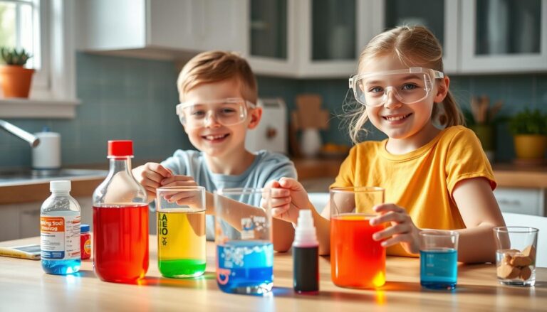 Children conducting colorful science experiments at home with household materials