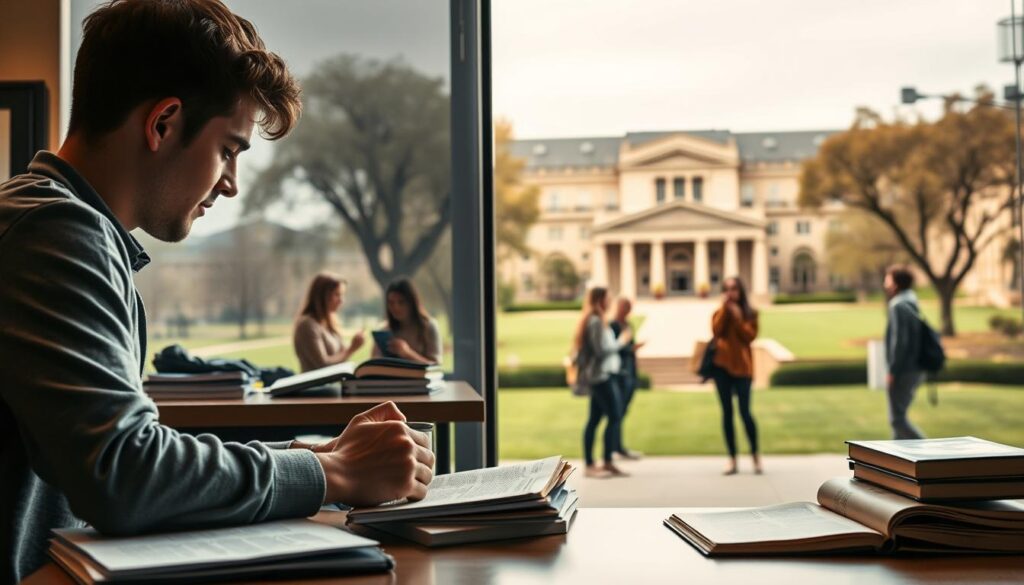 College vs high school differences - a study in contrasts. In the foreground, a student sits at a desk, poring over textbooks and notes, a coffee mug at the ready. The lighting is soft and warm, creating a focused atmosphere. In the middle ground, a group of students engage in lively discussion, gesturing animatedly. The background reveals a sprawling campus, with grand, historic buildings and a tree-lined walkway, conveying a sense of academic grandeur. The mood is one of intellectual curiosity, independence, and the excitement of a new chapter in life. The scene captures the essence of the college study environment - more demanding, yet more engaging and rewarding than the high school experience.