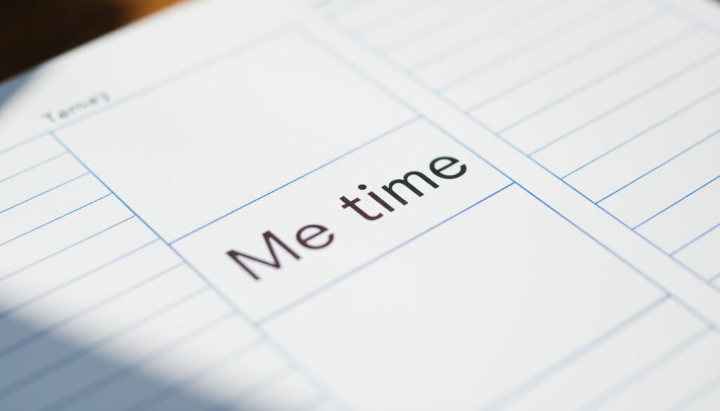 Detailed close-up of a daily planner or calendar, with an emphasized block of time clearly labeled "Me Time". The planner pages are crisp, clean white with fine blue grid lines. Soft natural lighting filters in from the side, casting subtle shadows and highlights on the paper surface. The calendar entries surrounding the "Me Time" block are blurred, indicating a focused, narrow depth of field. The overall mood is one of intentionality, organization and self-care. Detailed close-up of a daily planner or calendar, with an emphasized block of time clearly labeled "Me Time". The planner pages are crisp, clean white with fine blue grid lines. Soft natural lighting filters in from the side, casting subtle shadows and highlights on the paper surface. The calendar entries surrounding the "Me Time" block are blurred, indicating a focused, narrow depth of field. The overall mood is one of intentionality, organization and self-care.