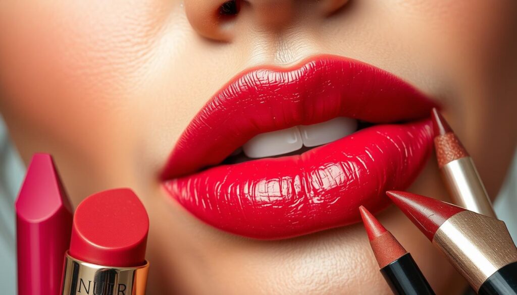 Meticulously detailed close-up view of a woman's lips, showcasing various lip makeup techniques. Vibrant and richly pigmented lipsticks, glosses, and liners in a variety of shades and finishes. Soft, diffused lighting illuminates the intricate textures and subtle highlights on the lips. The composition emphasizes the artistry and precision of lip makeup application, with a clean, minimalist background that allows the focus to remain on the lips. Evokes a sense of sophistication, elegance, and the transformative power of makeup. Meticulously detailed close-up view of a woman's lips, showcasing various lip makeup techniques. Vibrant and richly pigmented lipsticks, glosses, and liners in a variety of shades and finishes. Soft, diffused lighting illuminates the intricate textures and subtle highlights on the lips. The composition emphasizes the artistry and precision of lip makeup application, with a clean, minimalist background that allows the focus to remain on the lips. Evokes a sense of sophistication, elegance, and the transformative power of makeup.
