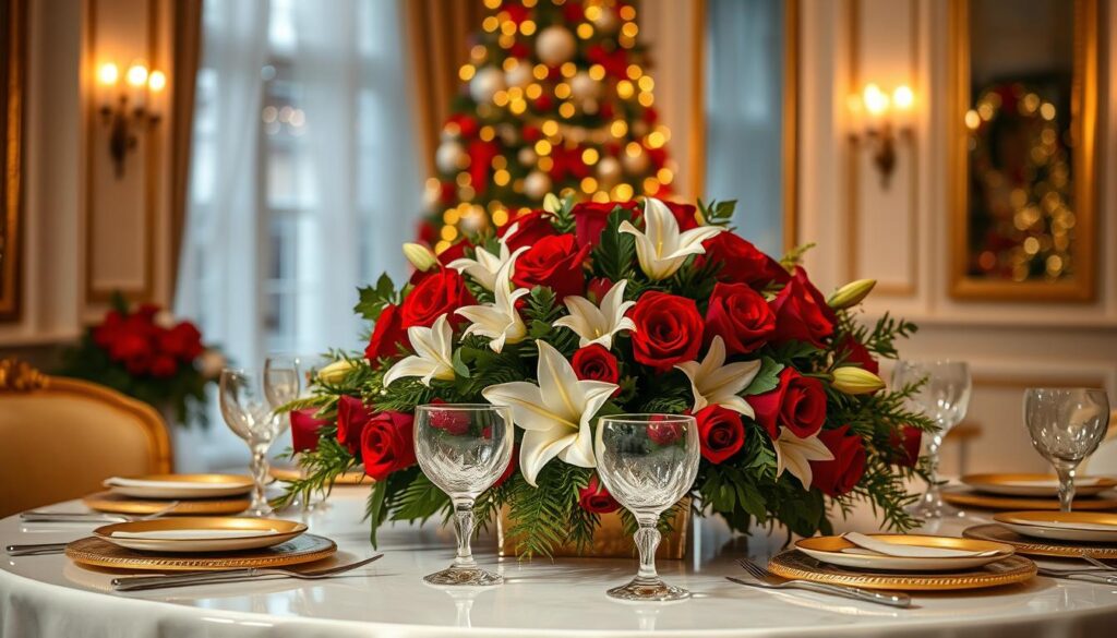 Opulent holiday table centerpiece, adorned with an elegant floral arrangement of red roses, white lilies, and lush greenery. The table is set with shimmering gold-rimmed plates, sparkling crystal glassware, and shining silverware. Soft, warm lighting bathes the scene, casting a cozy, inviting glow. In the background, a beautifully decorated Christmas tree stands tall, its twinkling lights reflecting off the polished tabletop. The overall atmosphere exudes a sense of festive sophistication and holiday cheer, perfect for a luxurious seasonal gathering. Opulent holiday table centerpiece, adorned with an elegant floral arrangement of red roses, white lilies, and lush greenery. The table is set with shimmering gold-rimmed plates, sparkling crystal glassware, and shining silverware. Soft, warm lighting bathes the scene, casting a cozy, inviting glow. In the background, a beautifully decorated Christmas tree stands tall, its twinkling lights reflecting off the polished tabletop. The overall atmosphere exudes a sense of festive sophistication and holiday cheer, perfect for a luxurious seasonal gathering.