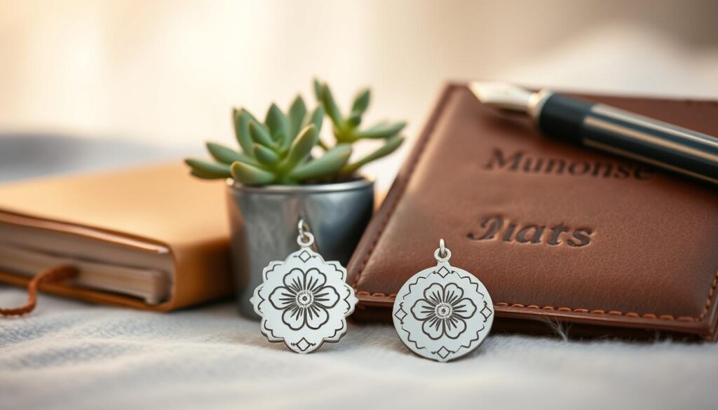 Personalized gifts for her, a delicate curation of heartfelt items arranged on a soft, neutral background. In the foreground, a pair of custom-engraved sterling silver earrings with a feminine floral motif, reflecting the warm glow of natural lighting. Behind them, a handcrafted leather-bound journal with a woman's name beautifully embossed on the cover, accompanied by a high-quality fountain pen. In the middle ground, a potted succulent plant with delicate leaves, symbolizing growth and resilience. In the background, a soft, blurred bokeh effect creates a sense of intimacy and focus on the personalized treasures. The overall mood is one of thoughtfulness, elegance, and a celebration of the unique individual. Personalized gifts for her, a delicate curation of heartfelt items arranged on a soft, neutral background. In the foreground, a pair of custom-engraved sterling silver earrings with a feminine floral motif, reflecting the warm glow of natural lighting. Behind them, a handcrafted leather-bound journal with a woman's name beautifully embossed on the cover, accompanied by a high-quality fountain pen. In the middle ground, a potted succulent plant with delicate leaves, symbolizing growth and resilience. In the background, a soft, blurred bokeh effect creates a sense of intimacy and focus on the personalized treasures. The overall mood is one of thoughtfulness, elegance, and a celebration of the unique individual.