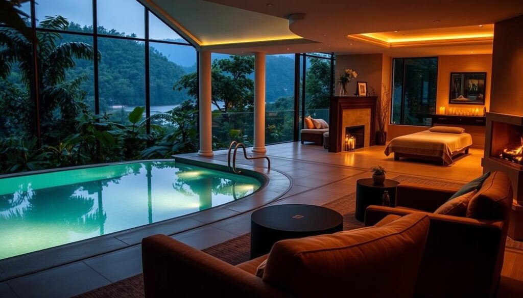 Prompt A luxurious, tranquil hotel spa nestled in a serene, romantic setting. Soft lighting casts a warm glow over the scene, creating an intimate and relaxing atmosphere. In the foreground, a plush, inviting lounge area with comfortable armchairs and a crackling fireplace. In the middle ground, an indoor pool surrounded by lush, verdant foliage and floor-to-ceiling windows offering breathtaking views of the surrounding natural landscape. In the background, a cozy, inviting treatment room with soothing aromatherapy candles and calming music, setting the stage for a rejuvenating spa experience. The overall mood is one of indulgence, comfort, and escape from the everyday. Prompt A luxurious, tranquil hotel spa nestled in a serene, romantic setting. Soft lighting casts a warm glow over the scene, creating an intimate and relaxing atmosphere. In the foreground, a plush, inviting lounge area with comfortable armchairs and a crackling fireplace. In the middle ground, an indoor pool surrounded by lush, verdant foliage and floor-to-ceiling windows offering breathtaking views of the surrounding natural landscape. In the background, a cozy, inviting treatment room with soothing aromatherapy candles and calming music, setting the stage for a rejuvenating spa experience. The overall mood is one of indulgence, comfort, and escape from the everyday.