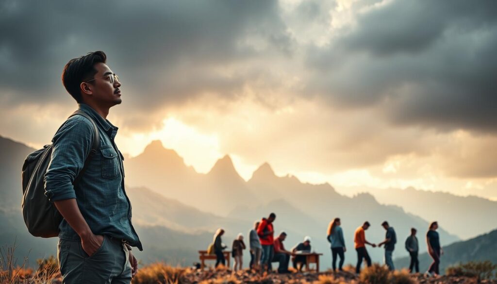 Prompt A vibrant and dynamic scene depicting unique experiences and strong leadership. In the foreground, a confident individual stands tall, their gaze fixed on the horizon, exuding a sense of determination and vision. The middle ground features a diverse group of people engaged in collaborative activities, showcasing teamwork and problem-solving skills. In the background, a striking landscape with towering mountains and a moody, atmospheric sky sets the stage for a transformative journey. Soft, warm lighting illuminates the scene, creating a sense of energy and inspiration. The overall composition conveys a powerful narrative of personal growth, collective achievement, and the pursuit of extraordinary opportunities. Prompt A vibrant and dynamic scene depicting unique experiences and strong leadership. In the foreground, a confident individual stands tall, their gaze fixed on the horizon, exuding a sense of determination and vision. The middle ground features a diverse group of people engaged in collaborative activities, showcasing teamwork and problem-solving skills. In the background, a striking landscape with towering mountains and a moody, atmospheric sky sets the stage for a transformative journey. Soft, warm lighting illuminates the scene, creating a sense of energy and inspiration. The overall composition conveys a powerful narrative of personal growth, collective achievement, and the pursuit of extraordinary opportunities.