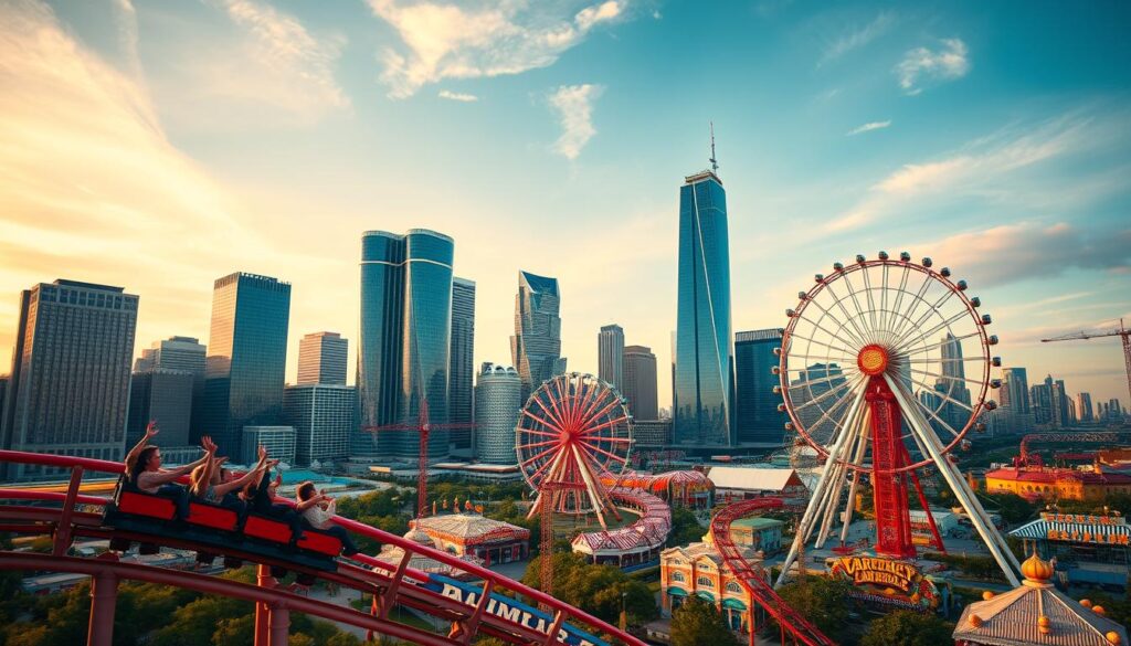 Soaring skyscrapers silhouetted against a vibrant sky, their glass facades glittering in the warm afternoon light. In the foreground, a thrilling roller coaster careens along its looping track, riders' arms raised in exhilaration. Towering Ferris wheels and bustling midways fill the middle ground, creating an electric atmosphere of fun and adventure. The city skyline stretches out in the distance, a stunning backdrop for this urban playground. Crisp, high-contrast cinematography captures the dynamic energy and excitement of this iconic city scene. Soaring skyscrapers silhouetted against a vibrant sky, their glass facades glittering in the warm afternoon light. In the foreground, a thrilling roller coaster careens along its looping track, riders' arms raised in exhilaration. Towering Ferris wheels and bustling midways fill the middle ground, creating an electric atmosphere of fun and adventure. The city skyline stretches out in the distance, a stunning backdrop for this urban playground. Crisp, high-contrast cinematography captures the dynamic energy and excitement of this iconic city scene.