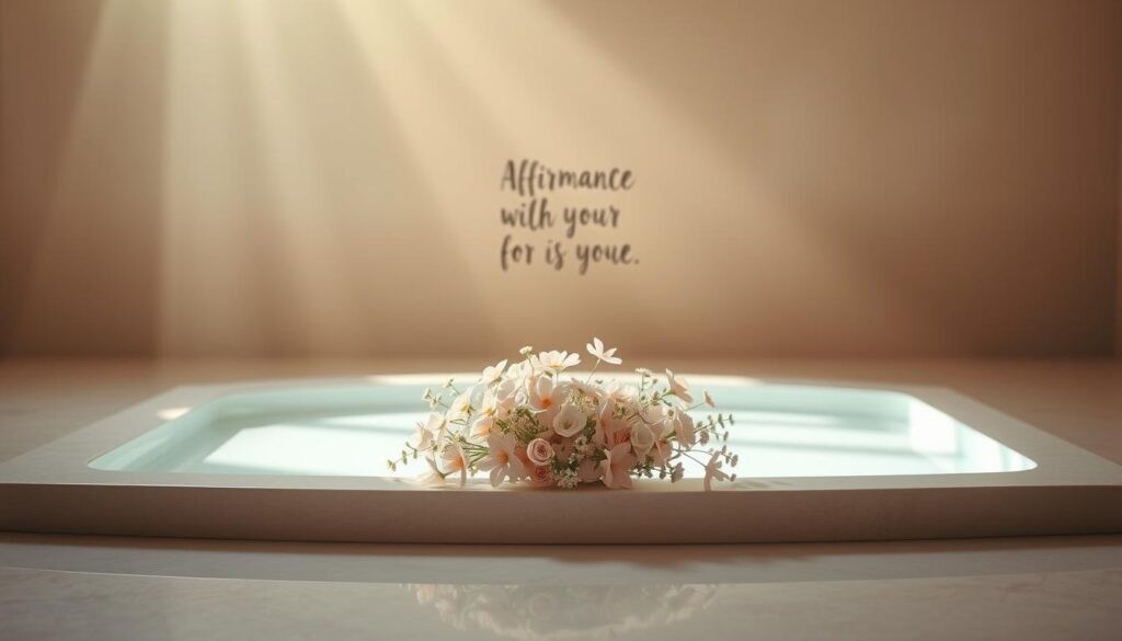 Soft, radiant light illuminates a serene, minimalist composition. In the foreground, a delicate floral arrangement in pastel hues nestles amidst hand-lettered affirmations, each word exuding warmth and positivity. The middle ground features a tranquil reflection pool, its surface mirroring the affirmations. In the background, a neutral, earthy backdrop provides a calming, grounding presence, allowing the affirmations to take center stage. The overall atmosphere is one of tranquility, self-acceptance, and the blossoming of inner radiance. Soft, radiant light illuminates a serene, minimalist composition. In the foreground, a delicate floral arrangement in pastel hues nestles amidst hand-lettered affirmations, each word exuding warmth and positivity. The middle ground features a tranquil reflection pool, its surface mirroring the affirmations. In the background, a neutral, earthy backdrop provides a calming, grounding presence, allowing the affirmations to take center stage. The overall atmosphere is one of tranquility, self-acceptance, and the blossoming of inner radiance.