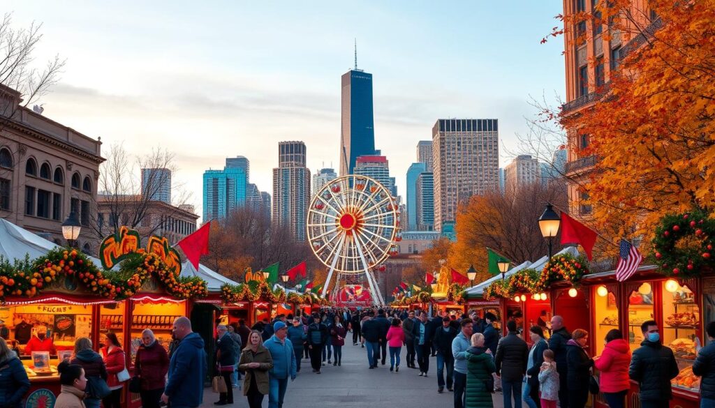 Vibrant autumn colors set the stage for a bustling Chicago street, filled with lively seasonal festivals. In the foreground, families gather around festive booths, sampling local cuisine and perusing handcrafted goods. A ferris wheel and merry-go-round spin in the middle ground, their lights reflecting in the crisp evening air. In the background, the iconic skyline of the Windy City rises, bathed in a warm, golden glow from the setting sun. The scene is alive with the energy and joy of communal celebration, capturing the essence of the city's cherished seasonal traditions. Vibrant autumn colors set the stage for a bustling Chicago street, filled with lively seasonal festivals. In the foreground, families gather around festive booths, sampling local cuisine and perusing handcrafted goods. A ferris wheel and merry-go-round spin in the middle ground, their lights reflecting in the crisp evening air. In the background, the iconic skyline of the Windy City rises, bathed in a warm, golden glow from the setting sun. The scene is alive with the energy and joy of communal celebration, capturing the essence of the city's cherished seasonal traditions.