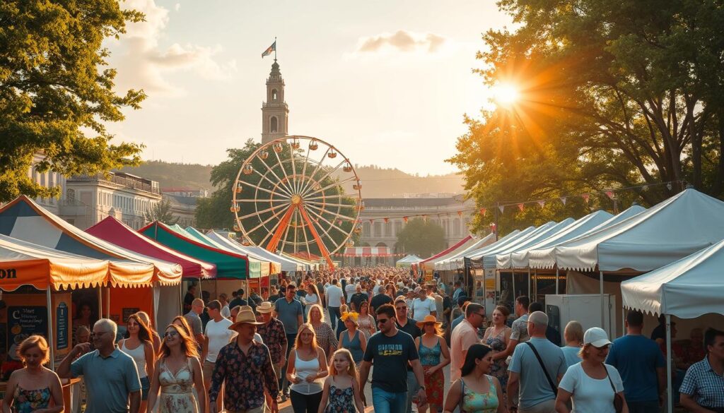 Vibrant summer festival scene featuring lively crowds, colorful tents and booths, live music, and traditional cultural performances. In the foreground, families stroll past artisan vendors, sampling local cuisine and browsing handcrafted wares. A Ferris wheel and other carnival rides rise in the middle ground, casting warm, golden light across the bustling festivities. In the background, a historic town square or community park provides a scenic backdrop, with towering trees and decorative banners fluttering in a gentle breeze. An atmosphere of joy, community, and celebration permeates the image.