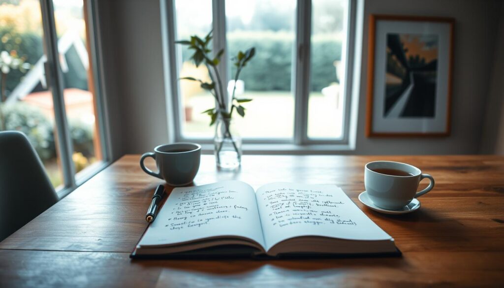 Warm natural light filters through a minimalist home office. In the foreground, a wooden desk holds an open journal, a fountain pen, and a cup of tea. Across the pages, carefully written steps of a daily gratitude routine unfold - jotting down appreciations, reflecting on the day's blessings, sketching simple symbols of gratitude. In the middle ground, a plant and a framed artwork add pops of greenery and color, creating a serene, contemplative atmosphere. The background features a large window overlooking a tranquil garden, hinting at the connection between inner and outer worlds. The overall mood is one of mindfulness, introspection, and a sense of daily ritual and self-care. Warm natural light filters through a minimalist home office. In the foreground, a wooden desk holds an open journal, a fountain pen, and a cup of tea. Across the pages, carefully written steps of a daily gratitude routine unfold - jotting down appreciations, reflecting on the day's blessings, sketching simple symbols of gratitude. In the middle ground, a plant and a framed artwork add pops of greenery and color, creating a serene, contemplative atmosphere. The background features a large window overlooking a tranquil garden, hinting at the connection between inner and outer worlds. The overall mood is one of mindfulness, introspection, and a sense of daily ritual and self-care.
