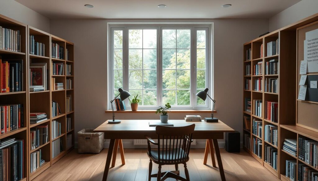 a cozy, well-lit study space with a large wooden desk, a comfortable chair, and a large window overlooking a lush, verdant garden. Soft, diffused lighting from a pair of adjustable desk lamps creates a warm, inviting atmosphere. Bookshelves line the walls, filled with a curated collection of textbooks and reference materials. A potted plant on the desk adds a touch of nature, while a bulletin board displays notes, reminders, and inspirational quotes. The room is spacious and uncluttered, promoting focus and productivity. The overall mood is one of tranquility and concentration, ideal for deep study and learning.