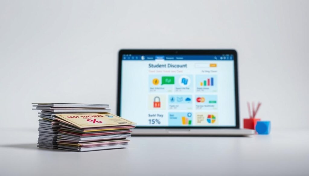 a high-contrast, evenly-lit scene showcasing various student discount icons and symbols against a clean, minimalist background. In the foreground, a stack of colorful discount cards, coupons, and vouchers, neatly arranged to highlight their savings potential. In the middle ground, a laptop or tablet display featuring a student discount website or app, with clear graphics demonstrating the available discounts. The background features subtle patterns or textures that complement the overall visual theme, conveying a sense of organization and financial savvy. The lighting is bright and crisp, emphasizing the clarity of the discounts and creating a sense of focus on the key elements. The overall mood is one of practical, money-saving opportunities available to the college student.