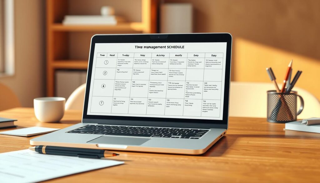 a highly detailed 3d rendered image of a time management schedule, with a clean and organized layout. the schedule is displayed on a wooden desk, with a laptop, pen, and paper visible in the foreground. the background features a warm, natural lighting, creating a cozy and productive atmosphere. the schedule is divided into clear sections for different tasks and activities, with icons and color-coding to enhance the visual organization. the overall composition emphasizes the importance of a consistent schedule for staying focused and productive during online classes. a highly detailed 3d rendered image of a time management schedule, with a clean and organized layout. the schedule is displayed on a wooden desk, with a laptop, pen, and paper visible in the foreground. the background features a warm, natural lighting, creating a cozy and productive atmosphere. the schedule is divided into clear sections for different tasks and activities, with icons and color-coding to enhance the visual organization. the overall composition emphasizes the importance of a consistent schedule for staying focused and productive during online classes.