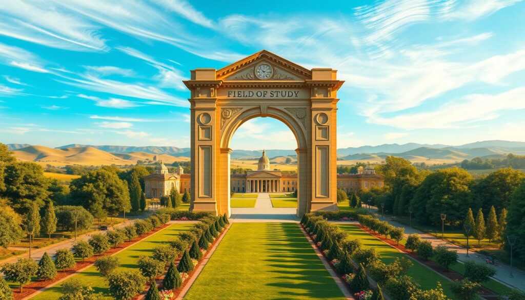 a highly detailed, photorealistic landscape depicting a field of study structure, with a central focal point of a large, ornate archway or gateway symbolizing the entrance to a college or university campus. The archway is surrounded by lush greenery, including neatly manicured lawns, rows of trees, and other flora. In the middle ground, there are various academic buildings, libraries, and lecture halls, all constructed in a cohesive architectural style that evokes a sense of tradition and academia. The background features rolling hills, a clear blue sky with wispy clouds, and the distant silhouettes of mountains or other natural features. The lighting is warm and golden, creating a welcoming and inspiring atmosphere. The overall composition conveys a sense of academic focus, intellectual rigor, and the promise of personal growth and discovery.