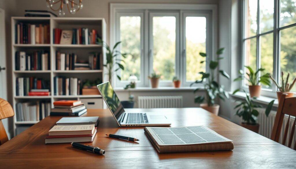 a serene, softly-lit home office with a wooden desk, a laptop, and a stack of notebooks and pens, representing the process of crafting a personal story for a college application essay; in the background, a bookshelf filled with inspiring literature, and a window overlooking a tranquil garden, suggesting the importance of introspection and self-discovery; the overall mood is one of quiet contemplation and thoughtful composition. a serene, softly-lit home office with a wooden desk, a laptop, and a stack of notebooks and pens, representing the process of crafting a personal story for a college application essay; in the background, a bookshelf filled with inspiring literature, and a window overlooking a tranquil garden, suggesting the importance of introspection and self-discovery; the overall mood is one of quiet contemplation and thoughtful composition.