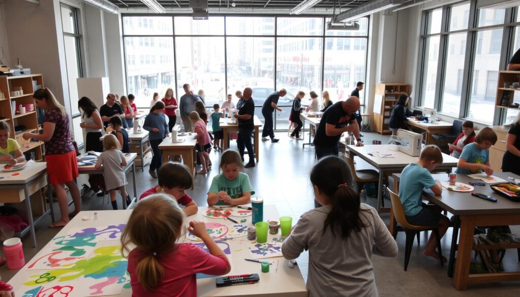 creative workshops in downtown Chicago, showing a lively scene of various hands-on activities and DIY crafts for children and families. In the foreground, a group of kids are gathered around a table, immersed in an art project using vibrant paints and craft supplies. The middle ground reveals several interactive stations, such as a pottery wheel, a sewing machine, and a woodworking bench, where participants are actively engaged. In the background, the space is filled with natural light, with large windows overlooking the bustling streets of the city. The atmosphere is one of creativity, exploration, and collaborative learning, with a sense of energy and enthusiasm permeating the scene. creative workshops in downtown Chicago, showing a lively scene of various hands-on activities and DIY crafts for children and families. In the foreground, a group of kids are gathered around a table, immersed in an art project using vibrant paints and craft supplies. The middle ground reveals several interactive stations, such as a pottery wheel, a sewing machine, and a woodworking bench, where participants are actively engaged. In the background, the space is filled with natural light, with large windows overlooking the bustling streets of the city. The atmosphere is one of creativity, exploration, and collaborative learning, with a sense of energy and enthusiasm permeating the scene.