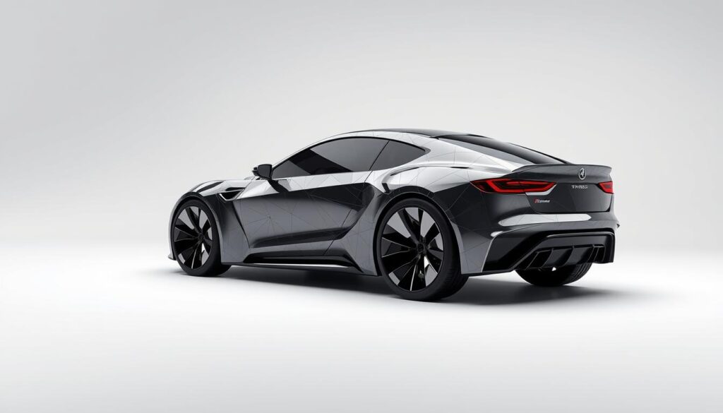 3D design preview of a futuristic car wrap concept, showcasing a sleek, aerodynamic vehicle with a dynamic, mirrored surface that reflects its surroundings. The design features a striking pattern of angular lines and geometric shapes, creating a sense of movement and technological sophistication. The car is presented in a minimalist, well-lit studio environment, with a smooth, seamless backdrop that allows the design to take center stage. The lighting is carefully crafted to accentuate the depth and texture of the wrap, casting subtle shadows and highlights that bring the design to life. The overall mood is one of innovation, elegance, and cutting-edge style, perfectly capturing the essence of the "Innovative Car Wrap Designs" section.