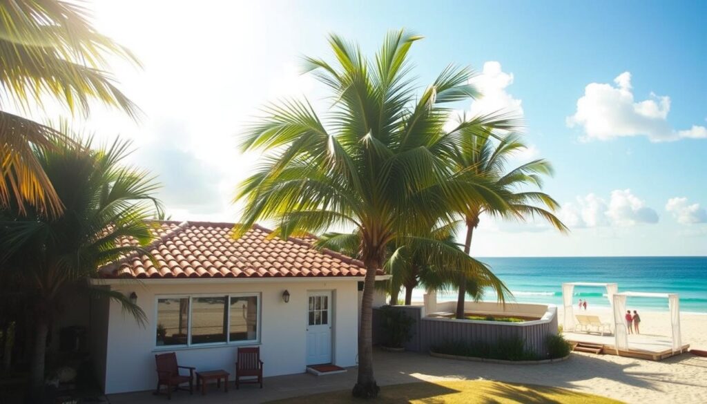 A beachfront vacation rental nestled amid swaying palm trees, with a modest yet charming exterior. The scene is bathed in warm, golden sunlight filtering through fluffy clouds, creating a cozy, inviting atmosphere. In the foreground, a small patio with simple wooden furniture invites visitors to relax and soak in the serene ocean view. The middle ground features a two-story, whitewashed building with a tiled roof, conveying a quaint, budget-friendly vibe. The background showcases the tranquil, turquoise waters of the beach, with a few beachgoers enjoying the sun and sand in the distance.