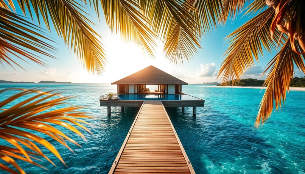 A breathtaking Maldivian overwater villa nestled amidst crystalline turquoise waters, with a private infinity pool reflecting the stunning azure sky. The elegant, minimalist architecture blends seamlessly with the natural environment, showcasing the resort's commitment to luxury and sustainability. Warm, golden sunlight filters through swaying palm fronds, casting a soft, romantic glow over the scene. In the foreground, a wooden jetty leads to the villa's entrance, inviting guests to experience unparalleled serenity and indulgence. The background features a horizon of pristine white-sand beaches and lush, verdant islands, creating a sense of total seclusion and exclusivity. This image perfectly captures the essence of Maldivian elegance and the pinnacle of luxury resort living.