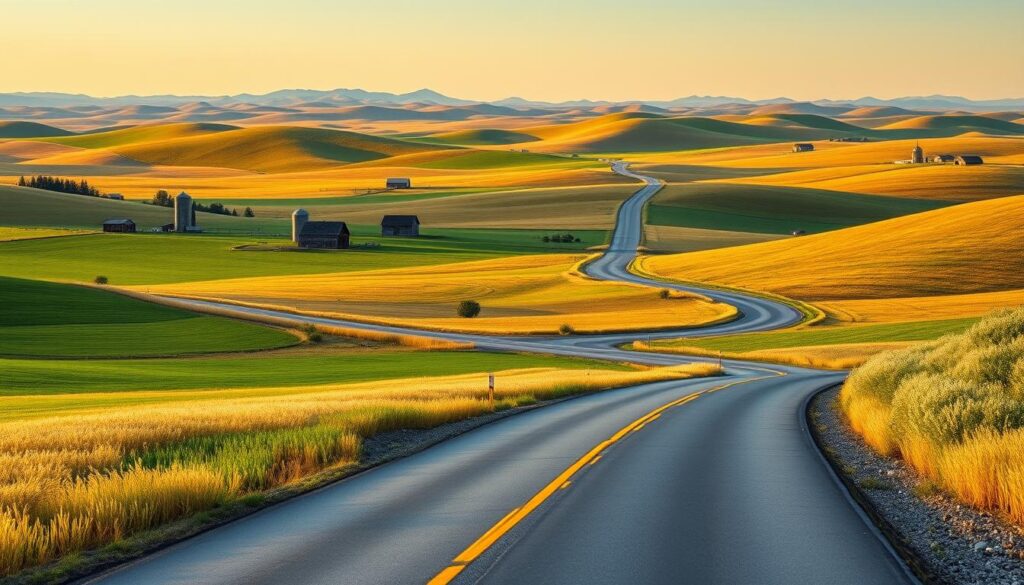 A breathtaking Palouse scenic drive landscape, captured with a wide-angle lens to showcase the rolling hills and lush farmland. In the foreground, a winding country road leads the viewer through a patchwork of golden wheat fields and vibrant green pastures. The middle ground features clusters of weathered barns and silos, their rustic charm contrasting with the sweeping vistas. In the distance, the horizon is dotted with gently sloping hills, their undulating forms casting long shadows under the warm, golden light of a late afternoon sun. The scene exudes a sense of tranquility and timelessness, inviting the viewer to embark on an unforgettable journey from the bustling city to this serene, pastoral haven. A breathtaking Palouse scenic drive landscape, captured with a wide-angle lens to showcase the rolling hills and lush farmland. In the foreground, a winding country road leads the viewer through a patchwork of golden wheat fields and vibrant green pastures. The middle ground features clusters of weathered barns and silos, their rustic charm contrasting with the sweeping vistas. In the distance, the horizon is dotted with gently sloping hills, their undulating forms casting long shadows under the warm, golden light of a late afternoon sun. The scene exudes a sense of tranquility and timelessness, inviting the viewer to embark on an unforgettable journey from the bustling city to this serene, pastoral haven.