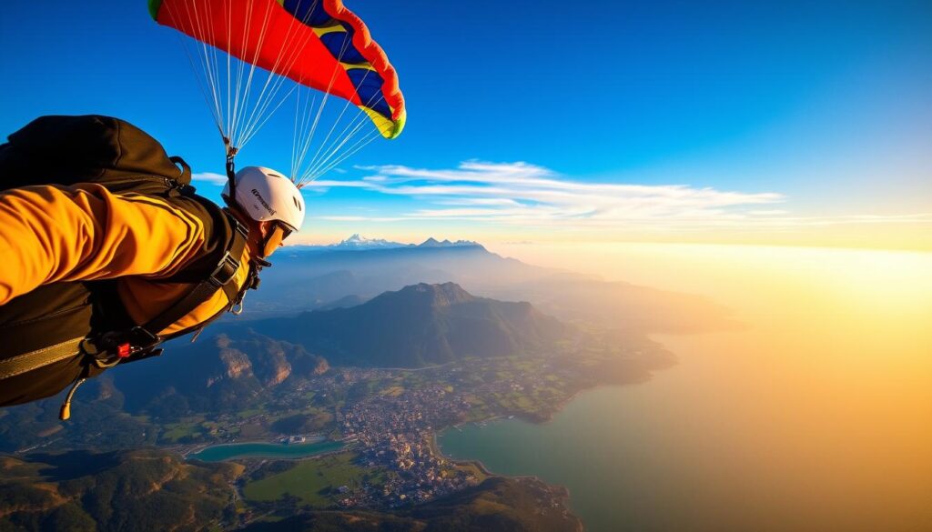 A breathtaking aerial view of iconic skydiving destinations. In the foreground, a daring skydiver free-falls against a backdrop of majestic mountain peaks, their colorful parachute billowing in the wind. In the middle ground, lush green landscapes and pristine coastlines stretch out below, dotted with picturesque towns and remote wilderness. The sky is a vibrant, azure expanse, illuminated by warm, golden sunlight that casts a soft, dreamlike glow over the entire scene. The composition evokes a sense of adventure, freedom, and the sheer thrill of conquering the skies.
