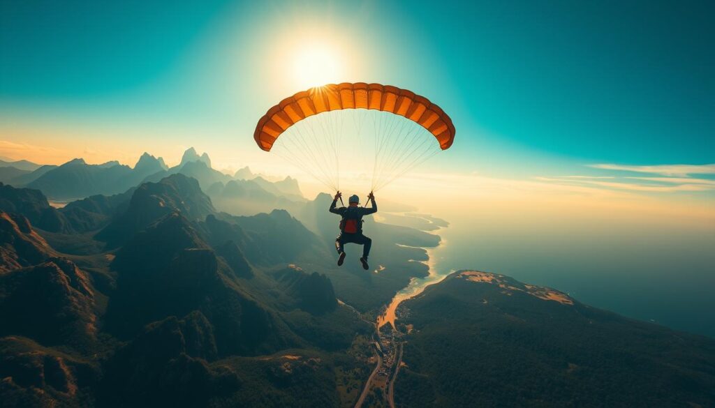 A breathtaking aerial vista of world-class skydive destinations. In the foreground, a skydiver gracefully descends, their canopy billowing against a backdrop of rugged, awe-inspiring landscapes. Towering mountains, pristine beaches, and lush forests create a diverse tapestry of breathtaking scenery below. The sky is painted in warm, golden hues, illuminating the scene with a sense of adventure and exploration. The camera's wide-angle lens captures the sheer scale and grandeur of these premier skydiving locations, inviting the viewer to imagine the thrill of leaping from the heavens and experiencing the freedom of freefall. A cinematic, cinematic tone and mood permeate the image, conveying the allure and excitement of these bucket-list skydiving destinations.