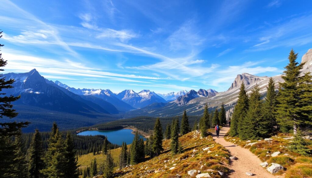 A breathtaking landscape of the Rocky Mountain National Park unfolds, with winding hiking trails meandering through rugged, snow-capped peaks. In the foreground, a well-marked trail leads hikers through a lush, verdant forest, the sunlight filtering through the canopy and casting a warm, golden glow. In the middle ground, a crystal-clear alpine lake reflects the majestic mountains, their jagged edges reaching towards the heavens. In the distance, the iconic peaks of the Rockies rise up, their serene beauty complemented by a clear, azure sky with wispy, ethereal clouds. The scene evokes a sense of adventure, solitude, and the grandeur of nature, inviting the viewer to embark on a journey through this stunning, untamed wilderness. A breathtaking landscape of the Rocky Mountain National Park unfolds, with winding hiking trails meandering through rugged, snow-capped peaks. In the foreground, a well-marked trail leads hikers through a lush, verdant forest, the sunlight filtering through the canopy and casting a warm, golden glow. In the middle ground, a crystal-clear alpine lake reflects the majestic mountains, their jagged edges reaching towards the heavens. In the distance, the iconic peaks of the Rockies rise up, their serene beauty complemented by a clear, azure sky with wispy, ethereal clouds. The scene evokes a sense of adventure, solitude, and the grandeur of nature, inviting the viewer to embark on a journey through this stunning, untamed wilderness.