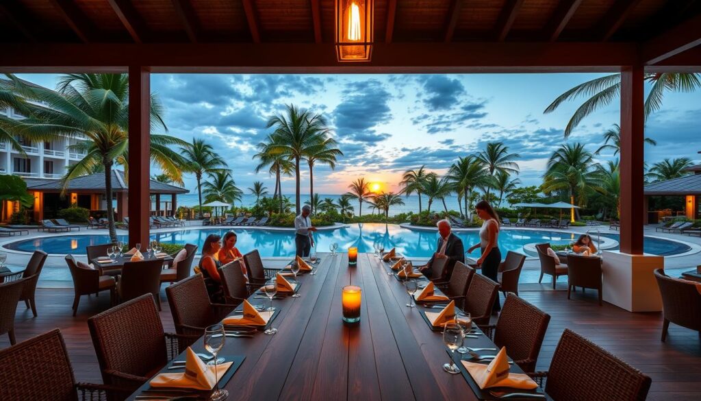 A breathtaking outdoor dining terrace overlooking a pristine resort pool and lush tropical gardens. In the foreground, elegant place settings adorn a long wooden table, inviting guests to savor gourmet cuisine. The middle ground features smartly dressed servers attending to diners, while the background showcases a picturesque sunset over swaying palm trees. Warm, golden lighting creates a cozy, intimate ambiance, perfectly complementing the serene, luxurious setting. The scene exudes a sense of tranquility and indulgence, capturing the quintessential all-inclusive resort dining experience.
