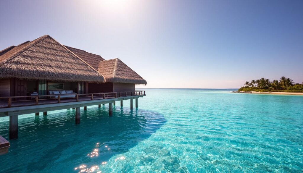 A breathtaking overwater villa nestled in a pristine tropical paradise, its thatched roof and wooden decks reflecting in the crystal-clear turquoise waters. Sunlight dances across the surface, casting a warm, golden glow over the scene. In the distance, lush palm trees sway gently in the breeze, and a horizon of tranquil, azure skies completes the serene, luxurious atmosphere. The villa's elegantly appointed interiors, visible through large windows, hint at the ultimate in comfort and relaxation, inviting the viewer to imagine a truly indulgent, private escape.