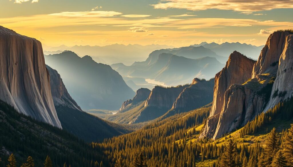 A breathtaking panorama of America's most iconic national parks, bathed in warm, golden light. In the foreground, towering mountain peaks reach skyward, their rugged faces sculpted by wind and weather. In the middle ground, lush forests and pristine meadows stretch out, dotted with crystal-clear lakes and cascading waterfalls. The background is a tapestry of majestic landscapes, from the awe-inspiring grandeur of the Grand Canyon to the serene, snow-capped peaks of the Rockies. The scene exudes a sense of timeless, untamed beauty, inviting the viewer to immerse themselves in the wonder and majesty of America's natural treasures.
