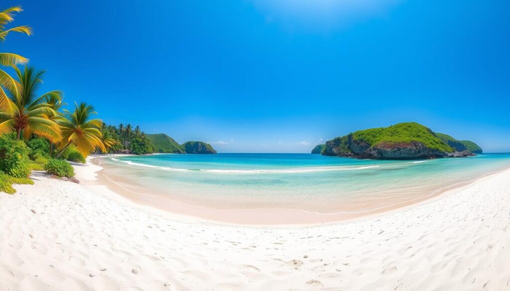 A breathtaking panorama of the pristine Seven Mile Beach, Negril, Jamaica. In the foreground, fine, powdery white sand glistens under the warm Caribbean sun, inviting barefoot strolls. The tranquil turquoise waters of the Atlantic Ocean gently lap at the shore, their calming rhythm creating a serene ambiance. Palm trees sway softly in the gentle breeze, their fronds casting dappled shadows across the landscape. In the middle ground, the beach stretches out in a graceful curve, framed by lush, verdant cliffs on either side. The background is dominated by a cloudless azure sky, creating a picturesque and idyllic tropical scene.