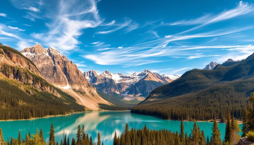 A breathtaking, panoramic landscape showcasing the grandeur of the first national park in the United States. In the foreground, majestic mountains reach towards the heavens, their snow-capped peaks reflecting the warm glow of the sun. In the middle ground, a tranquil, turquoise lake mirrors the surrounding wilderness, with lush forests and towering waterfalls cascading along the shores. The background is framed by a clear, azure sky, with wispy clouds drifting lazily overhead. The scene exudes a sense of timeless wonder and natural harmony, capturing the essence of the nation's pioneering spirit and the preservation of its most precious natural wonders.