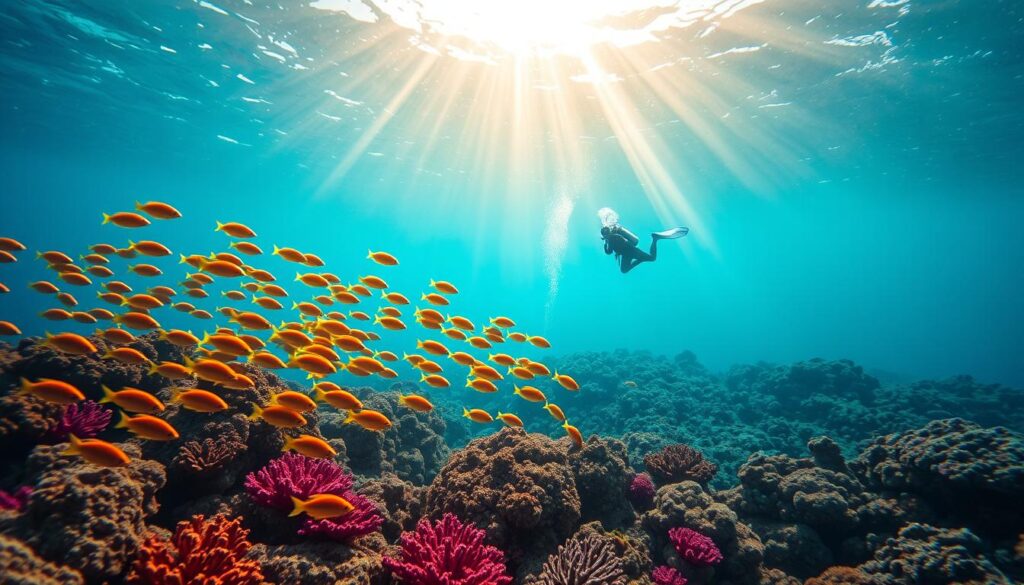 A breathtaking underwater scene of the Red Sea's vibrant dive sites. In the foreground, a school of brightly colored tropical fish dart through a coral reef teeming with life. The middle ground reveals a diver effortlessly gliding through the crystal-clear turquoise waters, capturing the majesty of the marine environment. In the background, shafts of warm, golden sunlight pierce the surface, illuminating the seamless transition from sea to sky. The overall composition evokes a sense of exploration, wonder, and the serene beauty of this renowned scuba diving destination.