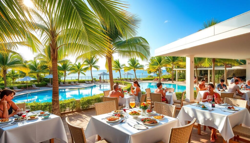 A breezy, open-air restaurant set against the backdrop of a lush, tropical resort. Diners enjoy an array of delectable dishes and refreshing beverages at elegant, white-clothed tables. Sunlight filters through swaying palm fronds, casting a warm, golden glow. In the distance, a pristine, turquoise pool beckons. The ambiance is relaxed and inviting, perfectly capturing the essence of all-inclusive resort dining.