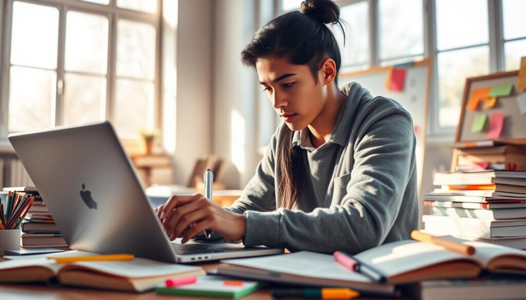 A brightly lit study space with a student intently focused on their laptop, surrounded by open books, color-coded notes, and a variety of learning aids like highlighters, sticky notes, and a whiteboard. The scene exudes a sense of active engagement and purposeful study, with natural lighting filtering in through large windows, casting a warm, productive glow. The student's expression conveys deep concentration, their hand poised to jot down a key insight. The overall atmosphere inspires a feeling of studious determination and a commitment to mastering the material at hand.