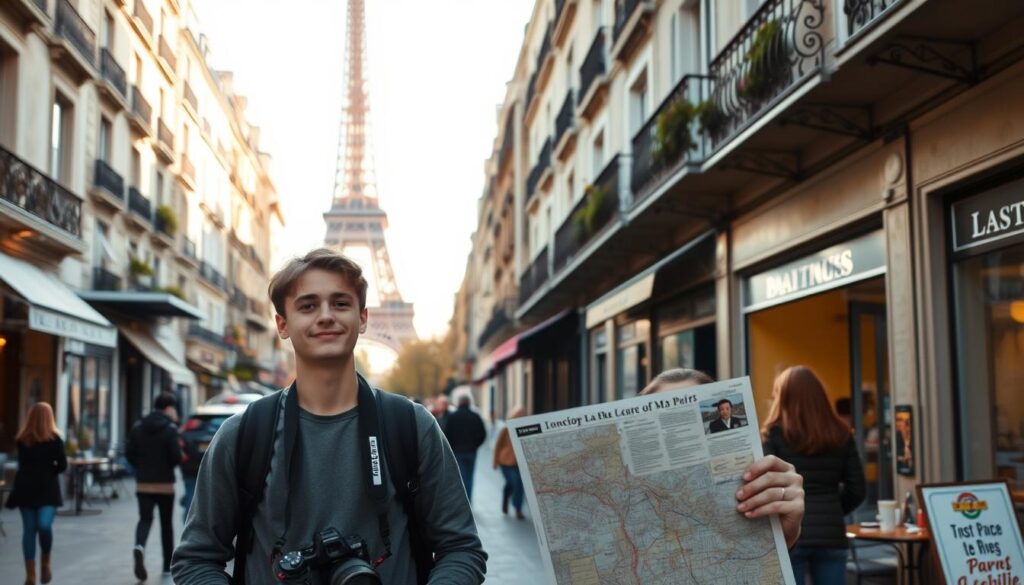 A bustling Parisian street in the morning light, with wrought-iron balconies, charming cafes, and locals strolling by. In the foreground, a young traveler stands with a map, a camera around their neck, and a look of wonder on their face, taking in the sights and sounds of the city. In the background, the iconic Eiffel Tower rises majestically, bathed in the soft, golden glow of the sun. The scene conveys the excitement and anticipation of a first-time visit to Paris, with a sense of timeless elegance and culture. A bustling Parisian street in the morning light, with wrought-iron balconies, charming cafes, and locals strolling by. In the foreground, a young traveler stands with a map, a camera around their neck, and a look of wonder on their face, taking in the sights and sounds of the city. In the background, the iconic Eiffel Tower rises majestically, bathed in the soft, golden glow of the sun. The scene conveys the excitement and anticipation of a first-time visit to Paris, with a sense of timeless elegance and culture.