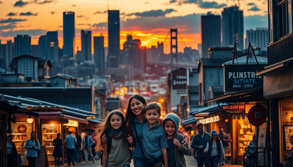 A bustling city skyline at dusk, with skyscrapers and bridges silhouetted against a vibrant, fiery sunset. In the foreground, a family of four - parents and two young children - exploring the lively streets, discovering hidden alleyways, street vendors, and local shops. The children's faces are alight with wonder and excitement as they take in the sights, sounds, and smells of the urban environment. Warm, golden lighting illuminates the scene, creating a cozy, inviting atmosphere. A sense of adventure and discovery permeates the image, capturing the thrill of exploring a new, dynamic city as a family.