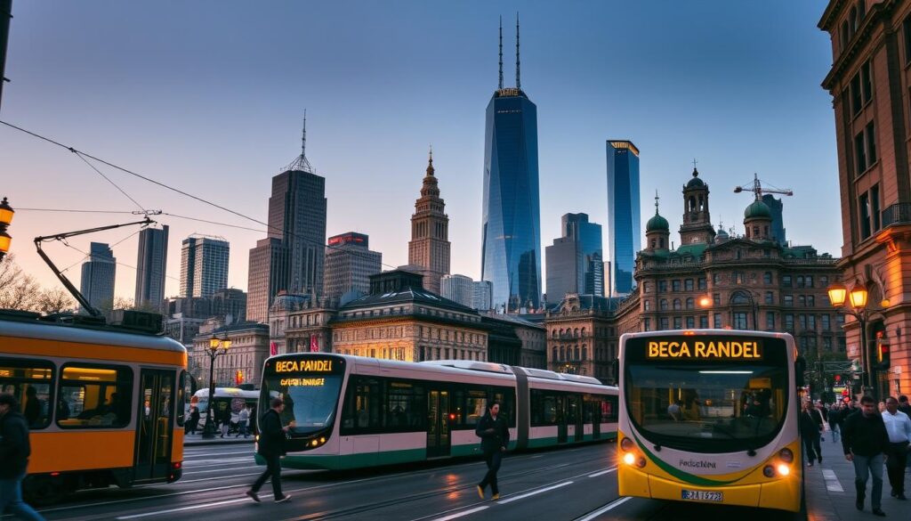 A bustling city street at dusk, with a diverse array of public transportation options in the foreground - a vintage tram, a sleek subway train, and a local bus navigating through the traffic. The middle ground features pedestrians hurrying along the sidewalks, their silhouettes illuminated by the warm glow of streetlamps. In the background, towering skyscrapers and historic buildings create a vibrant urban skyline, hinting at the cultural richness of the local community. The scene is captured with a cinematic, wide-angle lens, emphasizing the sense of movement and the integration of transportation and everyday life. A bustling city street at dusk, with a diverse array of public transportation options in the foreground - a vintage tram, a sleek subway train, and a local bus navigating through the traffic. The middle ground features pedestrians hurrying along the sidewalks, their silhouettes illuminated by the warm glow of streetlamps. In the background, towering skyscrapers and historic buildings create a vibrant urban skyline, hinting at the cultural richness of the local community. The scene is captured with a cinematic, wide-angle lens, emphasizing the sense of movement and the integration of transportation and everyday life.