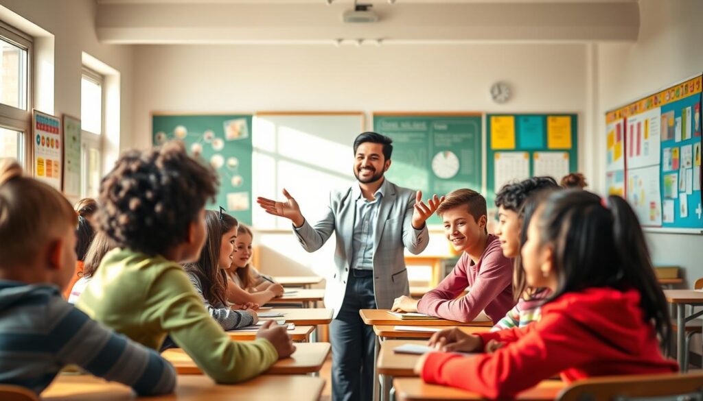 A bustling classroom scene, where an educator stands at the front, engaging a diverse group of students. Soft, natural lighting illuminates the space, creating a warm and inviting atmosphere. The educator, with a welcoming expression, gestures animatedly, conveying their passion for the subject. Students, seated at their desks, lean forward, captivated by the lesson. In the background, a colorful array of educational posters and charts adorn the walls, reflecting the vibrant and stimulating learning environment. The composition is balanced, with the educator as the focal point, surrounded by the attentive students. The scene captures the essence of effective teaching practices, where an educator's enthusiasm and dedication inspire and empower their students.