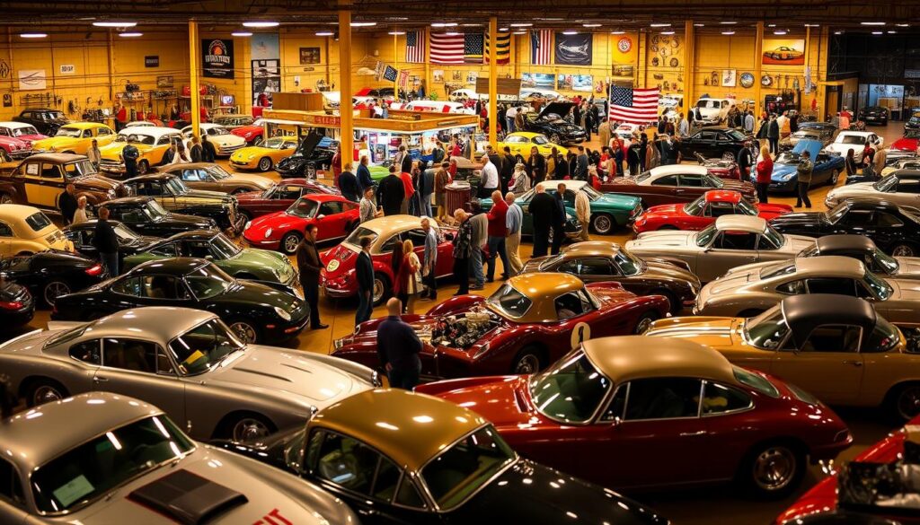 A bustling collector's market, bathed in warm, golden light from overhead lamps. In the foreground, a diverse array of vintage automobiles - sleek sports cars, iconic muscle cars, and meticulously restored classics - parked in orderly rows, their glossy exteriors reflecting the scene around them. In the middle ground, clusters of collectors and enthusiasts inspect the vehicles, exchanging stories and negotiating prices, their expressions animated with excitement. The background is a maze of vendor stalls, overflowing with rare automotive memorabilia, parts, and tools, creating a vibrant, immersive atmosphere of a thriving collector's haven.
