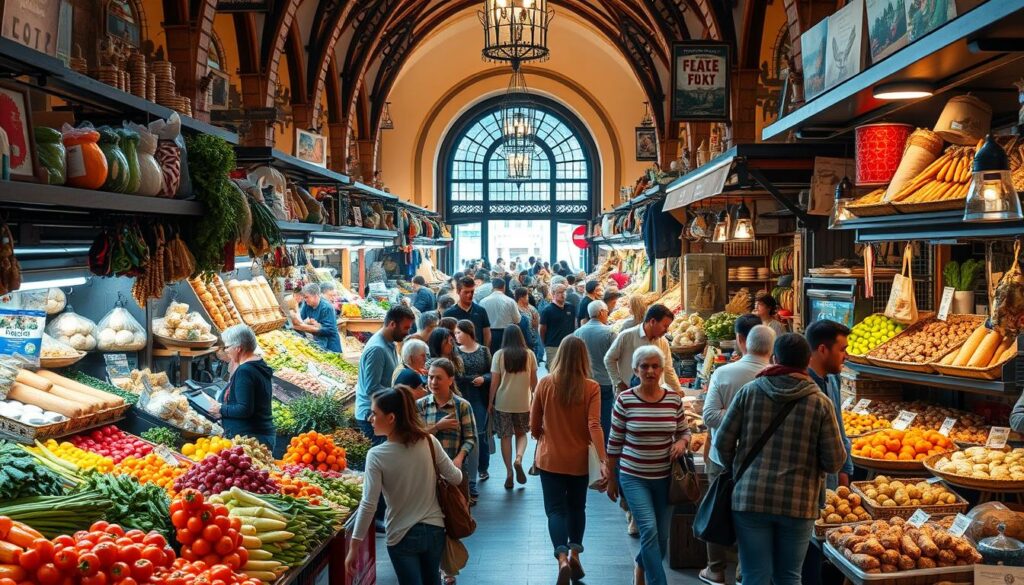 A bustling local food market, brimming with vibrant sights, sounds, and aromas. In the foreground, vendors' stalls overflow with an array of fresh produce, artisanal breads, and handcrafted goods. In the middle ground, shoppers navigate the crowded pathways, examining and haggling with the merchants. The background features the architectural details of the market's structure, casting warm, natural light across the scene. The overall atmosphere is one of lively, authentic cultural exchange, inviting the viewer to immerse themselves in the local culinary experience. A bustling local food market, brimming with vibrant sights, sounds, and aromas. In the foreground, vendors' stalls overflow with an array of fresh produce, artisanal breads, and handcrafted goods. In the middle ground, shoppers navigate the crowded pathways, examining and haggling with the merchants. The background features the architectural details of the market's structure, casting warm, natural light across the scene. The overall atmosphere is one of lively, authentic cultural exchange, inviting the viewer to immerse themselves in the local culinary experience.