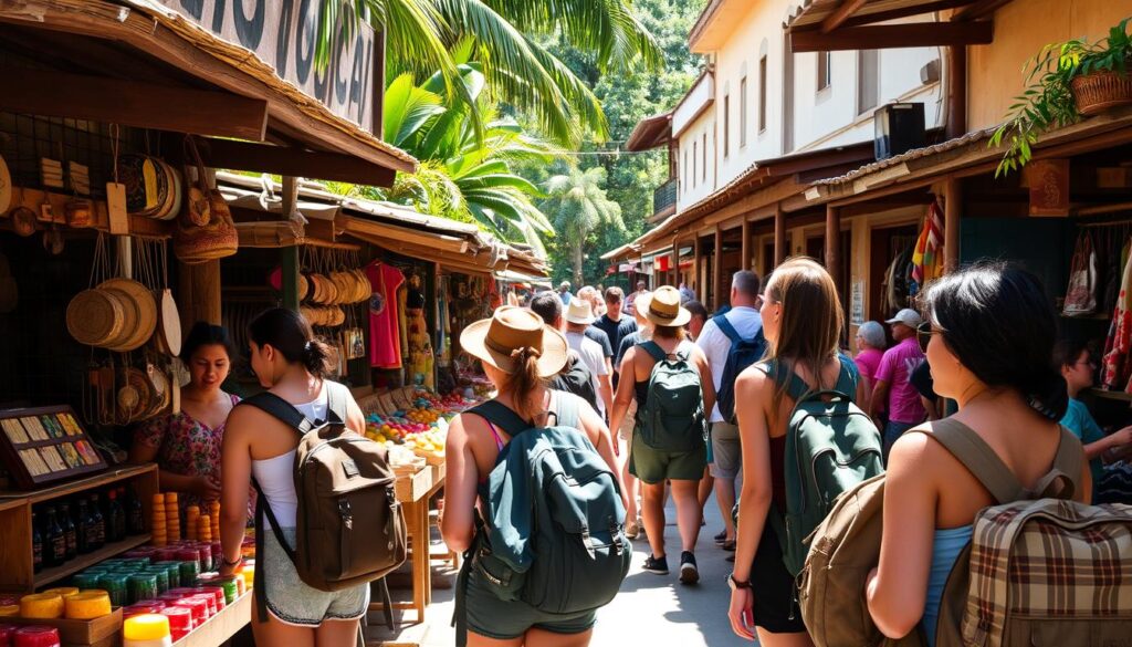A bustling market in a vibrant Central American town, wooden stalls selling handcrafted souvenirs and local produce under the dappled sunlight. Backpackers browse the stalls, haggling for the best deals, their worn rucksacks and sun-kissed faces reflecting a life of adventure. In the background, a blend of colonial architecture and lush tropical foliage, hinting at the diverse landscapes waiting to be explored. The scene exudes a sense of lively culture, authenticity, and the spirit of budget travel - an inviting glimpse of the Central American adventure that awaits the intrepid explorer. A bustling market in a vibrant Central American town, wooden stalls selling handcrafted souvenirs and local produce under the dappled sunlight. Backpackers browse the stalls, haggling for the best deals, their worn rucksacks and sun-kissed faces reflecting a life of adventure. In the background, a blend of colonial architecture and lush tropical foliage, hinting at the diverse landscapes waiting to be explored. The scene exudes a sense of lively culture, authenticity, and the spirit of budget travel - an inviting glimpse of the Central American adventure that awaits the intrepid explorer.