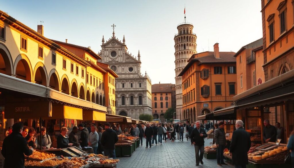 A bustling medieval square in Bologna, Italy, bathed in warm, golden sunlight. In the foreground, vendors in traditional attire offer an array of local delicacies - fresh pasta, cured meats, and aromatic cheeses. The middle ground features the iconic porticoes and ochre-hued buildings that line the streets, their facades adorned with intricate architectural details. In the background, the towering medieval basilica and leaning tower stand as silent witnesses to the city's rich history. The scene evokes a sense of timeless tradition, where the culinary heritage and architectural marvels of Bologna seamlessly intertwine, inviting the viewer to immerse themselves in the city's captivating blend of culture and gastronomy. A bustling medieval square in Bologna, Italy, bathed in warm, golden sunlight. In the foreground, vendors in traditional attire offer an array of local delicacies - fresh pasta, cured meats, and aromatic cheeses. The middle ground features the iconic porticoes and ochre-hued buildings that line the streets, their facades adorned with intricate architectural details. In the background, the towering medieval basilica and leaning tower stand as silent witnesses to the city's rich history. The scene evokes a sense of timeless tradition, where the culinary heritage and architectural marvels of Bologna seamlessly intertwine, inviting the viewer to immerse themselves in the city's captivating blend of culture and gastronomy.